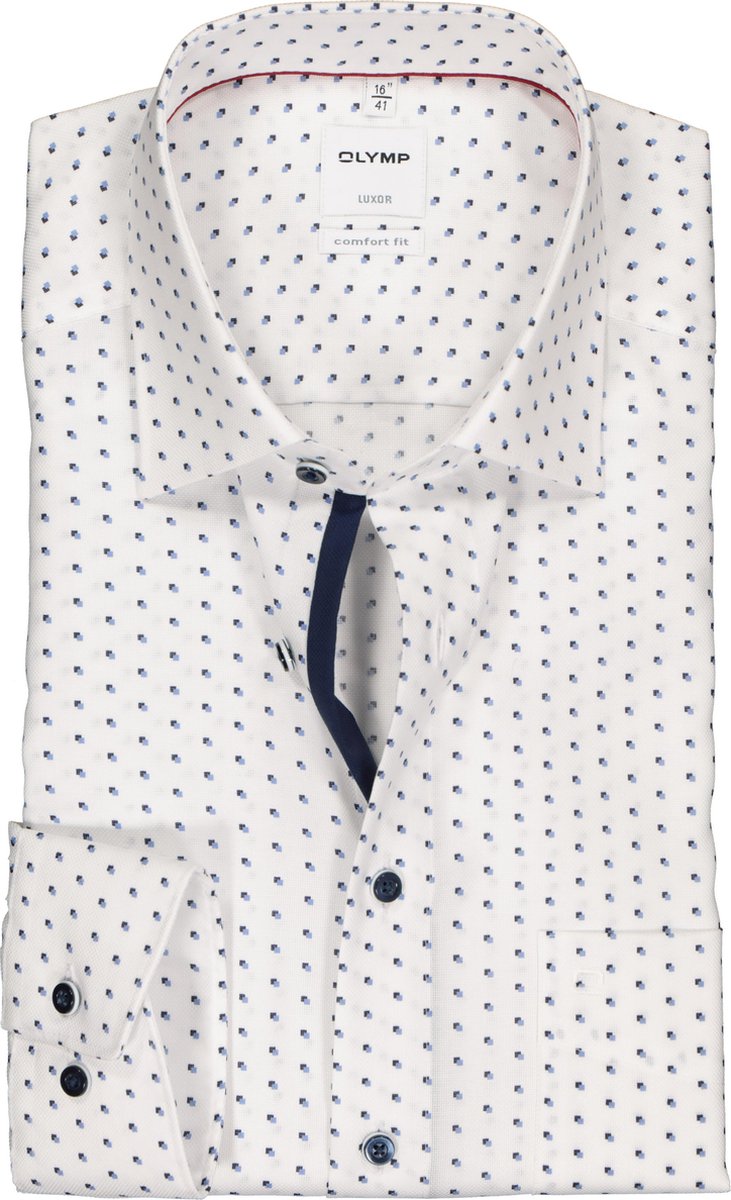 OLYMP Luxor comfort fit overhemd - wit met blauw dessin structuur (contrast) - Strijkvrij - Boordmaat: 49