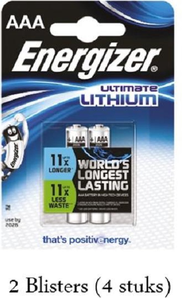 4 stuks (2 blisters a 2 stuks) Energizer AAA Ultimate Lithium 1.5V Micro LR03/FR3