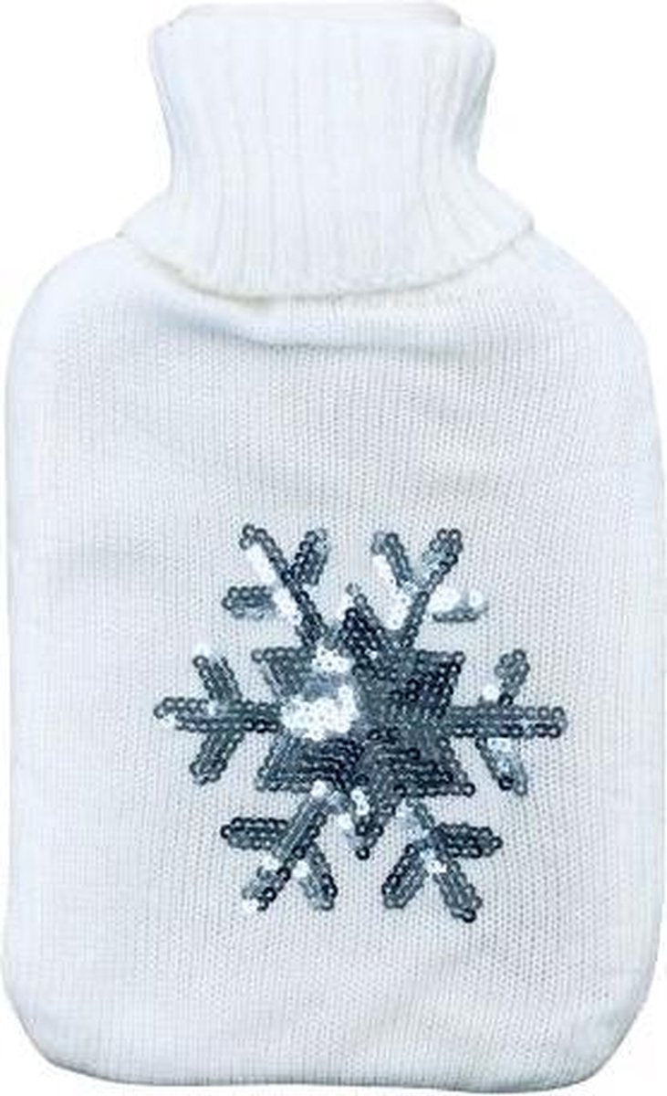 Orange85 Warmwaterkruik - Kruik - 2 Liter - Met Hoes - Sneeuwklok - Paillet - Warm - Comfortabel - Zacht - Wit - Pijn Bestrijdend