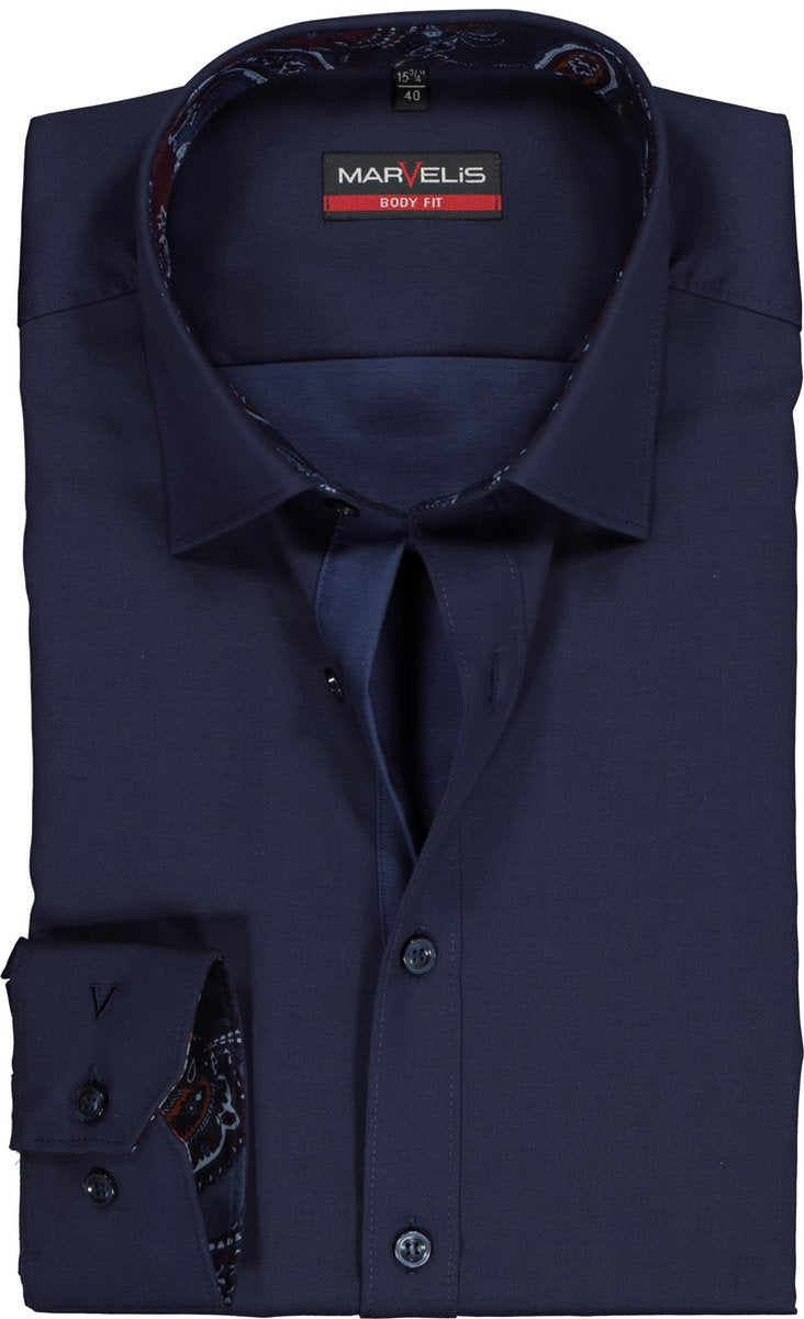 MARVELIS Body Fit overhemd - donkerblauw satijnbinding (contrast) - Strijkvriendelijk - Boordmaat: 40
