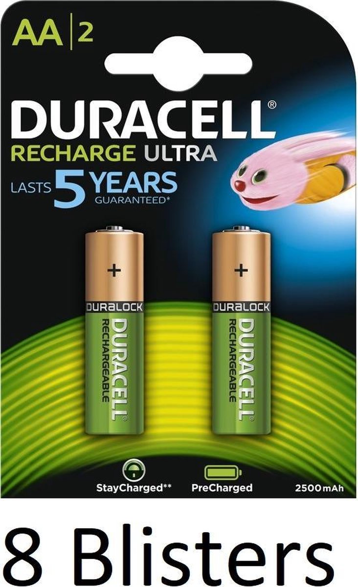 16 Stuks (8 Blisters a 2 st) Duracell AA Oplaadbare Batterijen - 2500 mAh