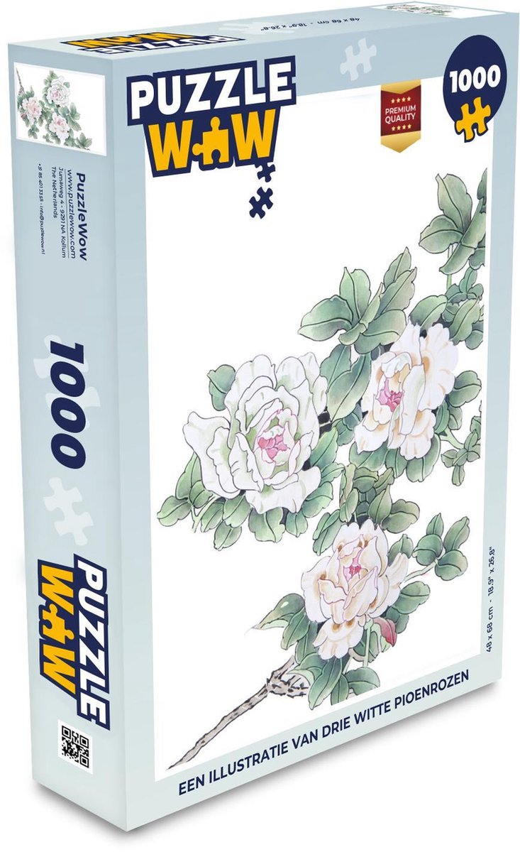 Puzzel 1000 stukjes volwassenen Pioenroos wit illustratie 1000 stukjes - Een illustratie van drie witte pioenrozen  - PuzzleWow heeft +100000 puzzels
