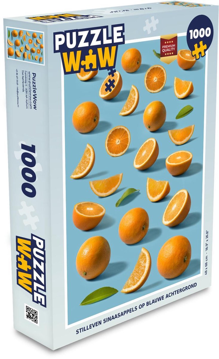 Puzzel 1000 stukjes volwassenen Stillevens Eten 1000 stukjes - Stilleven sinaasappels op blauwe achtergrond  - PuzzleWow heeft +100000 puzzels