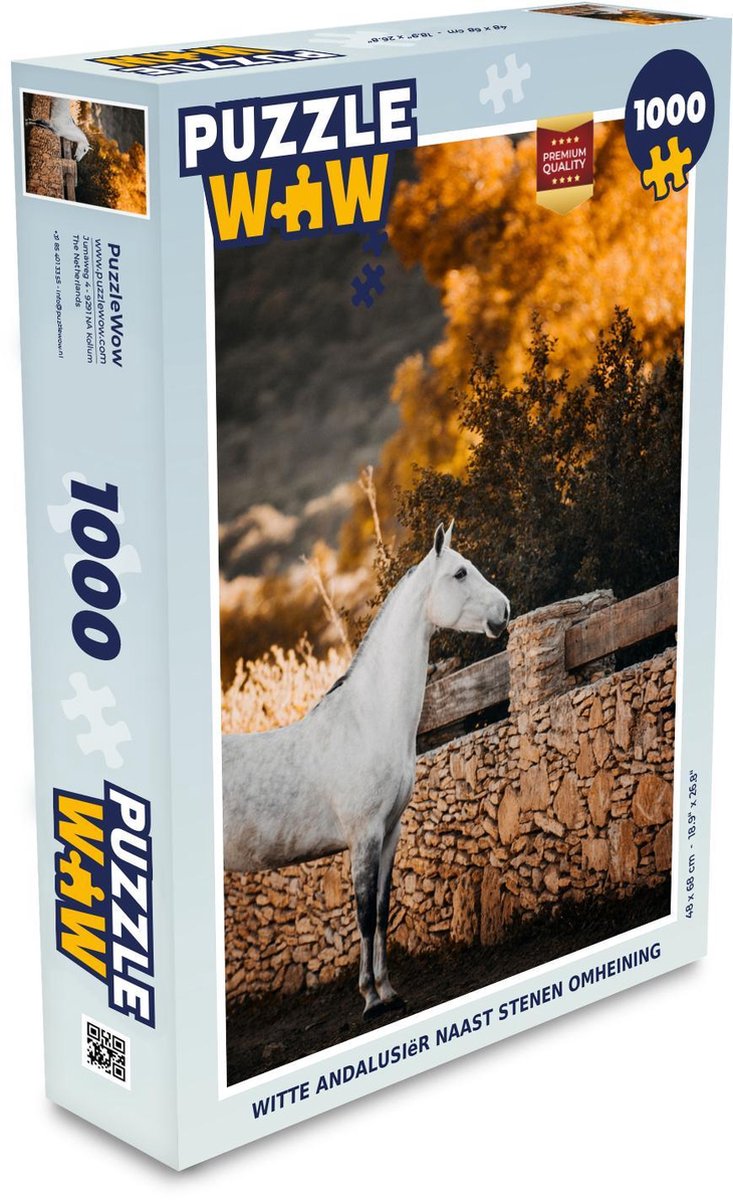 Puzzel 1000 stukjes volwassenen Andalusiër Paard 1000 stukjes - Witte Andalusiër naast stenen omheining  - PuzzleWow heeft +100000 puzzels
