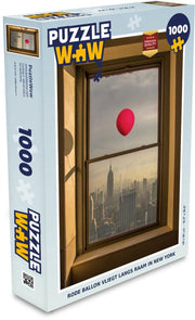 Puzzel 1000 stukjes volwassenen New York Luxurydeco 1000 stukjes - Rode ballon vliegt langs raam in New York puzzel 1000 stukjes  - PuzzleWow heeft +100000 puzzels