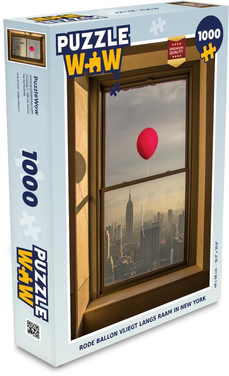 Puzzel 1000 stukjes volwassenen New York Luxurydeco 1000 stukjes - Rode ballon vliegt langs raam in New York puzzel 1000 stukjes  - PuzzleWow heeft +100000 puzzels