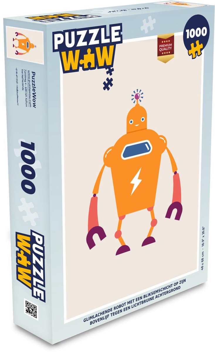 Puzzel - Puzzel 1000 stukjes volwassenen - Glimlachende robot met een bliksemschicht op zijn bovenlijf lichtbruine achtergrond - Legpuzzel