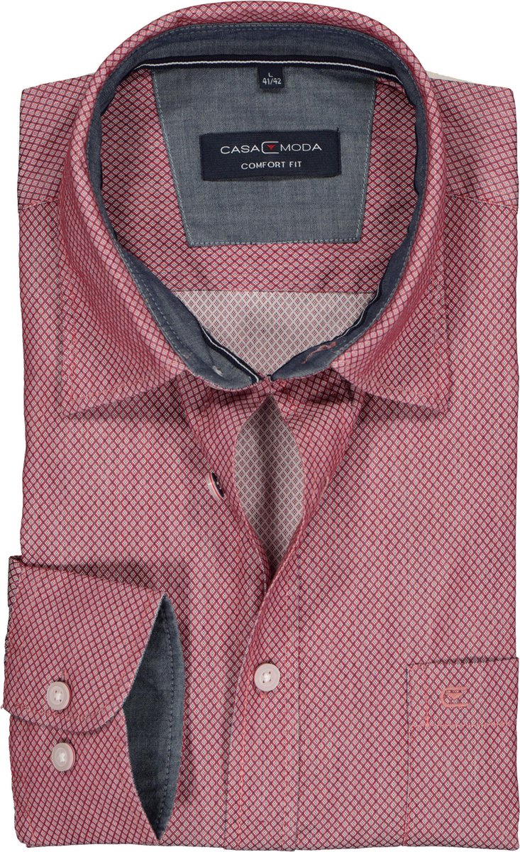 Casa Moda Sport Comfort Fit overhemd - rood - wit en blauw mini dessin (contrast) - Strijkvriendelijk - Boordmaat: 53/54
