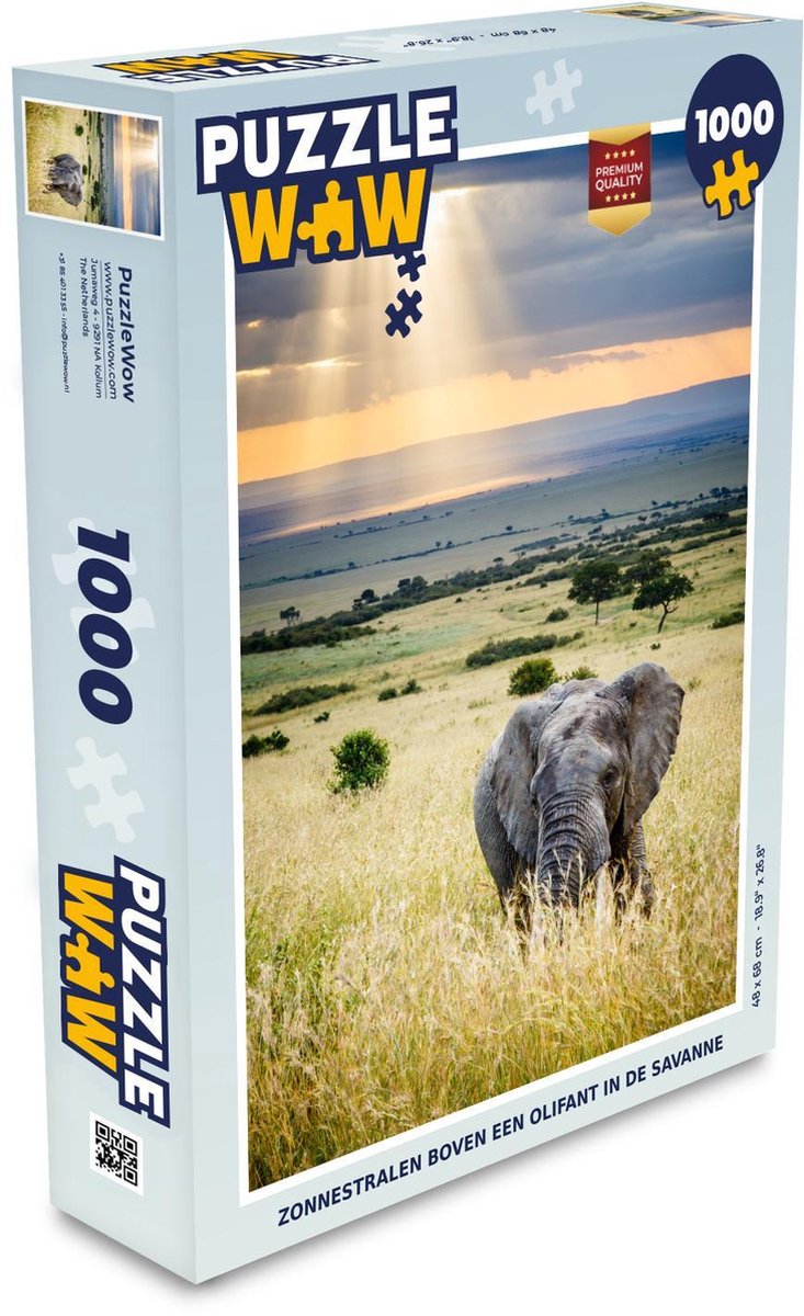 Puzzel 1000 stukjes volwassenen Olifanten 1000 stukjes - Zonnestralen boven een olifant in de Savanne  - PuzzleWow heeft +100000 puzzels