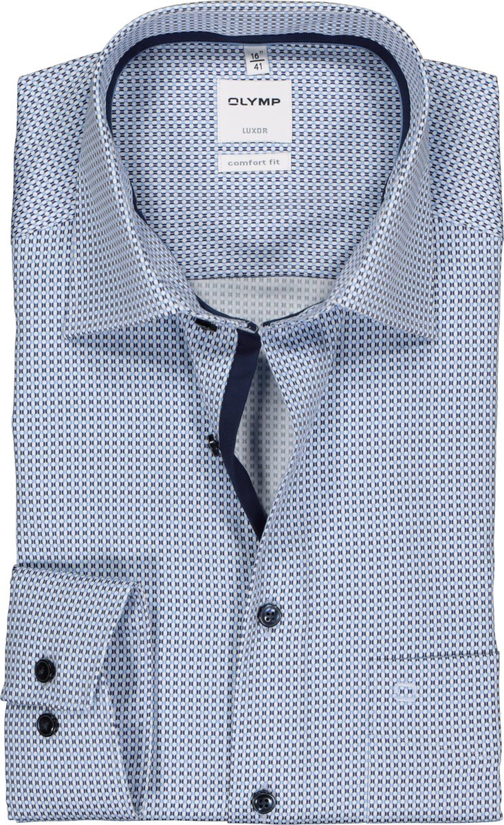 OLYMP Luxor comfort fit overhemd - wit met blauw dessin 2-ply (contrast) - Strijkvrij - Boordmaat: 50
