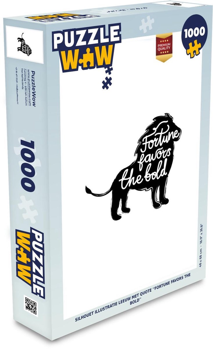 Puzzel 1000 stukjes volwassenen Dieren silhouet illustraties 1000 stukjes - Silhouet illustratie leeuw met quote ''fortune favors the bold''  - PuzzleWow heeft +100000 puzzels