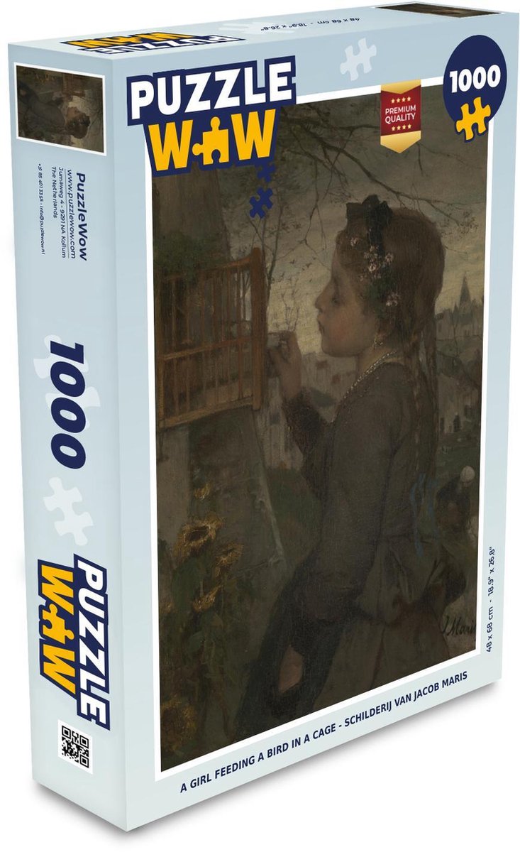 Puzzel 1000 stukjes volwassenen Jacob Maris 1000 stukjes - A girl feeding a bird in a cage - Schilderij van Jacob Maris puzzel 1000 stukjes  - PuzzleWow heeft +100000 puzzels