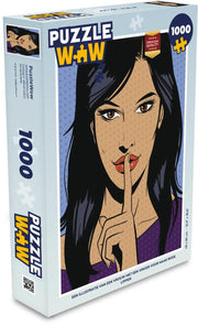 Puzzel 1000 stukjes volwassenen Rode lippen illustratie 1000 stukjes - Een illustratie van een vrouw met een vinger voor haar rode lippen  - PuzzleWow heeft +100000 puzzels