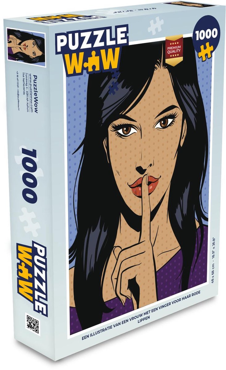 Puzzel 1000 stukjes volwassenen Rode lippen illustratie 1000 stukjes - Een illustratie van een vrouw met een vinger voor haar rode lippen  - PuzzleWow heeft +100000 puzzels