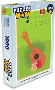 Puzzel 1000 stukjes volwassenen Hawaii 1000 stukjes - 'Welcome to Hawaii' op een groene achtergrond met een gitaar puzzel 1000 stukjes  - PuzzleWow heeft +100000 puzzels