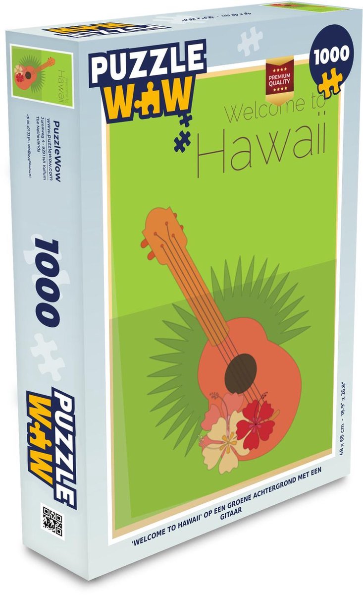 Puzzel 1000 stukjes volwassenen Hawaii 1000 stukjes - 'Welcome to Hawaii' op een groene achtergrond met een gitaar puzzel 1000 stukjes  - PuzzleWow heeft +100000 puzzels
