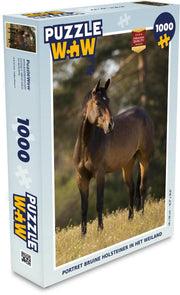 Puzzel 1000 stukjes volwassenen Holsteiner Paard 1000 stukjes - Portret bruine Holsteiner in het weiland  - PuzzleWow heeft +100000 puzzels