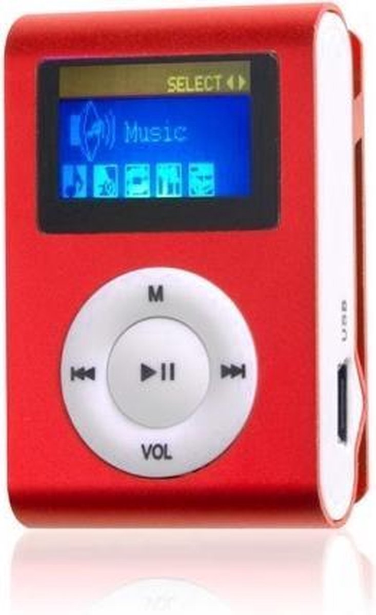Mini clip MP3 speler met display Rood en in-ear koptelefoon