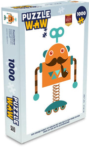Puzzel - Puzzel 1000 stukjes volwassenen - Een oranje robot op wielen met een pijp in zijn mond en een snor - Legpuzzel