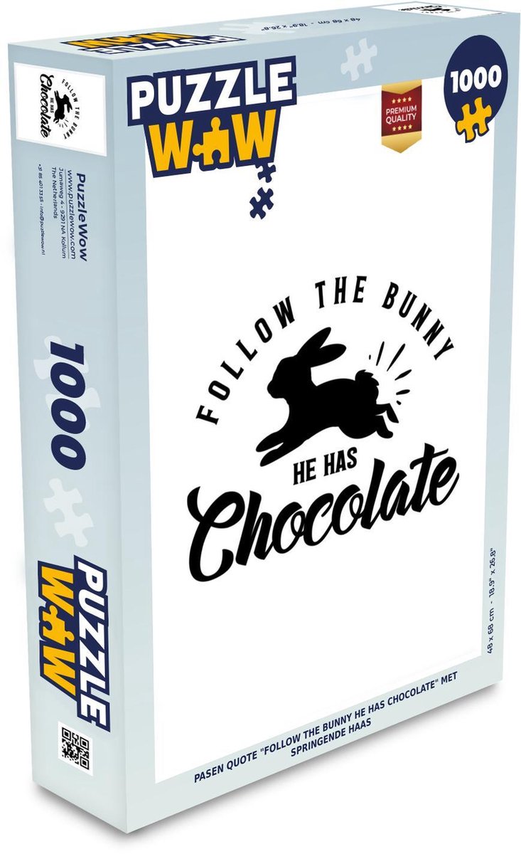 Puzzel 1000 stukjes volwassenen Pasen 2 1000 stukjes - Pasen quote Follow the bunny he has chocolate met springende haas puzzel 1000 stukjes  - PuzzleWow heeft +100000 puzzels