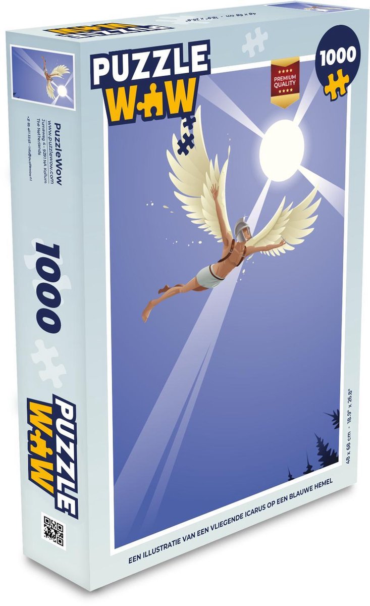 Puzzel 1000 stukjes volwassenen Icarus illustratie 1000 stukjes - Een illustratie van een vliegende Icarus op een blauwe hemel  - PuzzleWow heeft +100000 puzzels