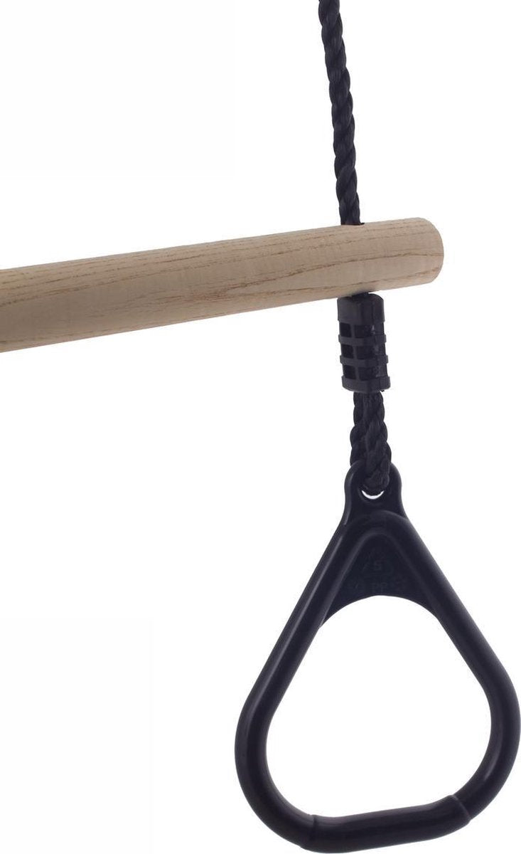 Houten trapeze met kunststof driehoeksringen Zwart en Zwart PP Touw