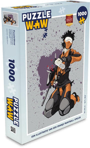 Puzzel 1000 stukjes volwassenen Paintball illustratie 1000 stukjes - Een illustratie van een oranje paintball speler  - PuzzleWow heeft +100000 puzzels