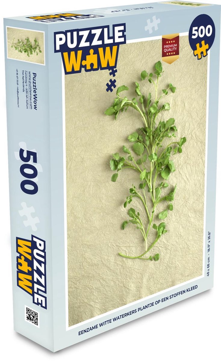 Puzzel 500 stukjes Witte waterkers - Eenzame witte waterkers plantje op een stoffen kleed  - PuzzleWow heeft +100000 puzzels