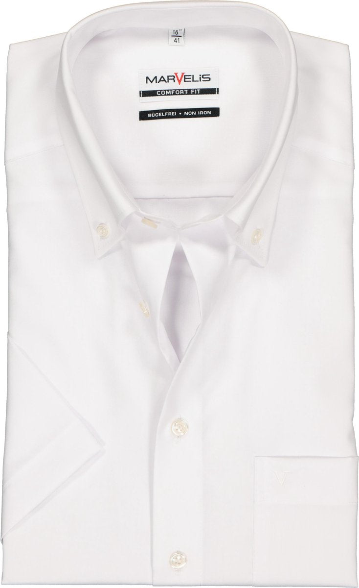 MARVELIS Comfort Fit - overhemd korte mouw - wit (button-down) - Strijkvrij - Boordmaat: 39