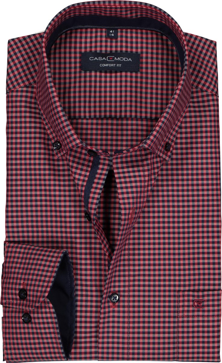 CASA MODA comfort fit overhemd - blauw met rood geruit (contrast) - Strijkvrij - Boordmaat: 48