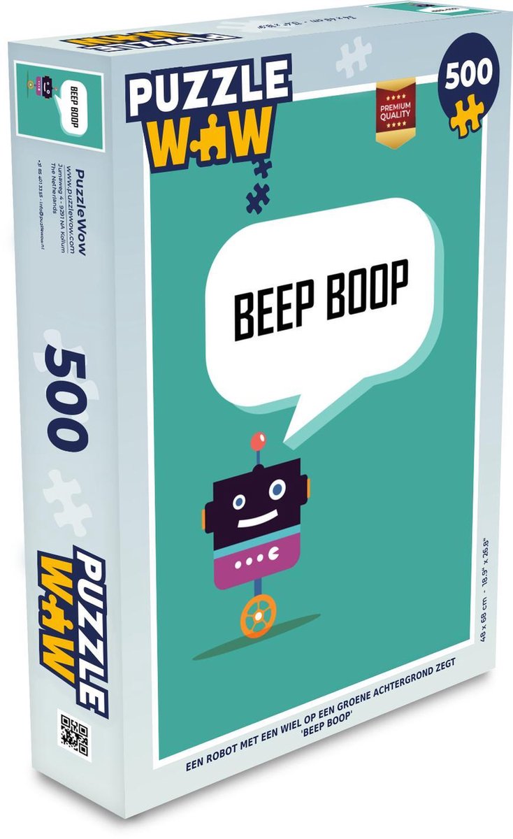Puzzel - Puzzel 500 stukjes - Een robot met een wiel op een groene achtergrond zegt 'Beep boop' - Legpuzzel