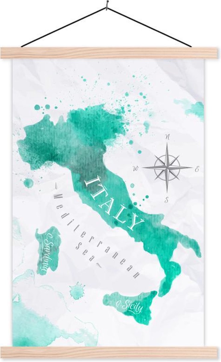 Schoolplaat - Italië - Wereldkaart - Turquoise - 120x180 cm - Blanke latten
