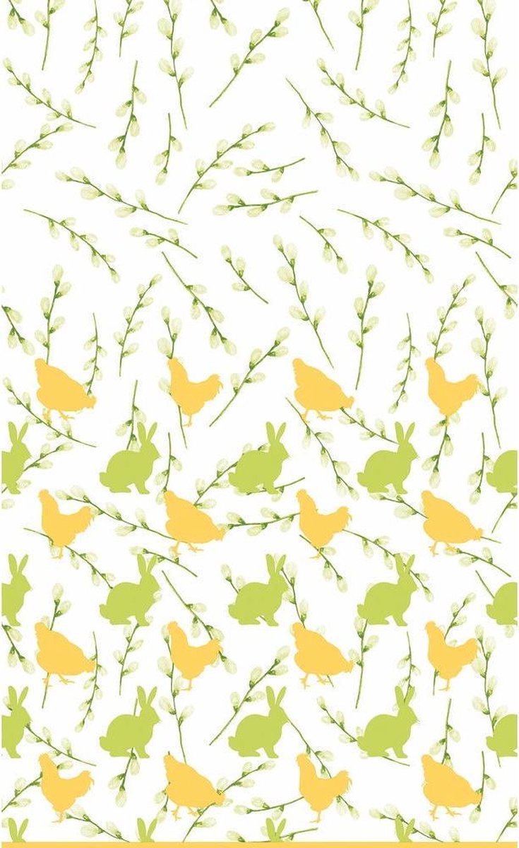 Pasen tafelkleed/tafellaken konijnen en hanen geel / groen 138 x 220 cm - Pasen thema papieren tafeldecoraties