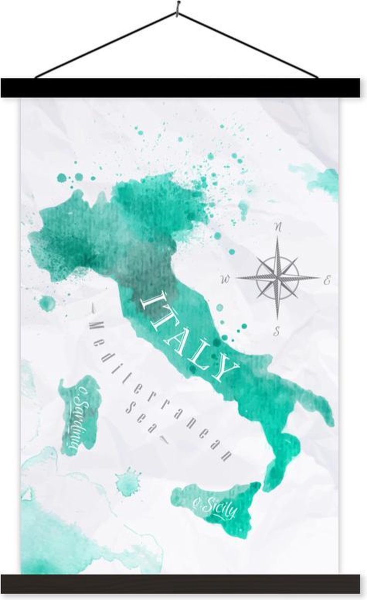 Schoolplaat - Italië - Wereldkaart - Turquoise - 60x90 cm - Zwarte latten