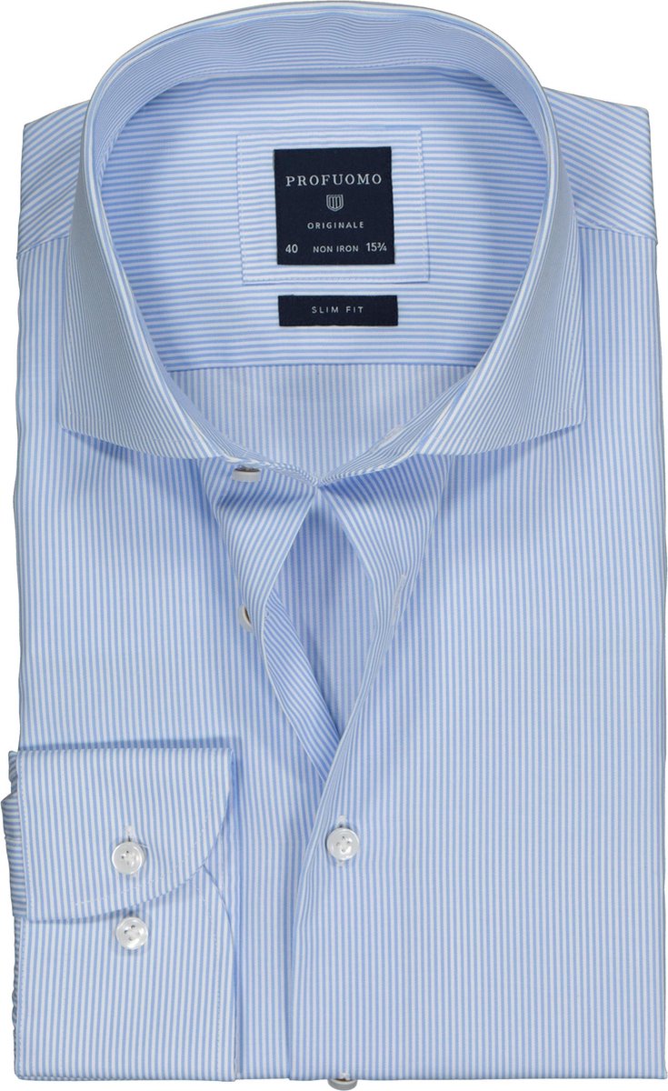Profuomo Slim Fit overhemd - lichtblauw-wit gestreept fine twill - Strijkvrij - Boordmaat: 45