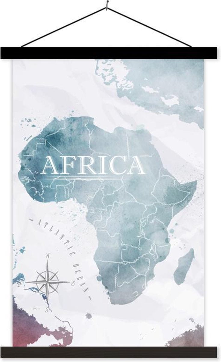 Schoolplaat - Wereldkaart - Afrika - Blauw - 60x90 cm - Zwarte latten