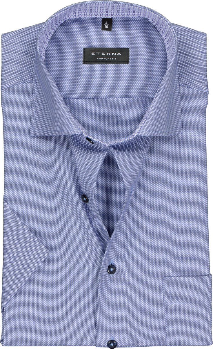 Eterna Comfort Fit overhemd - korte mouw - blauw structuur (contrast) - Strijkvrij - Boordmaat: 50