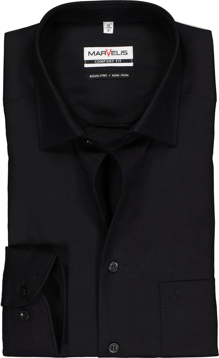 MARVELIS Comfort Fit overhemd - zwart - Strijkvrij - Boordmaat: 47