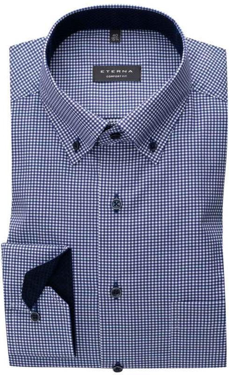 ETERNA comfort fit overhemd - twill heren overhemd - donkerblauw met wit geruit (contrast) - Strijkvrij - Boordmaat: 48