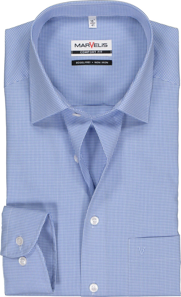 MARVELIS Comfort Fit overhemd - blauw / wit geruit - Strijkvrij - Boordmaat: 42