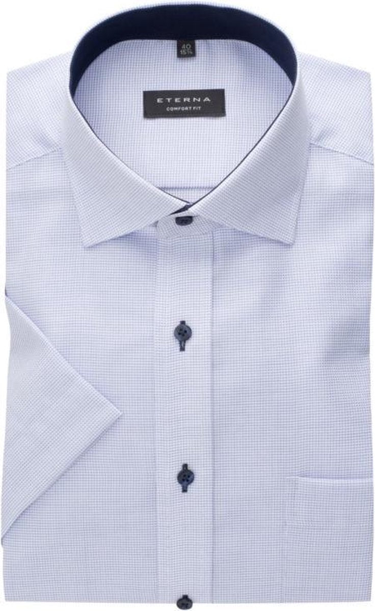 ETERNA comfort fit overhemd - korte mouw - structuur heren overhemd - lichtblauw met wit (donkerblauw contrast) - Strijkvrij - Boordmaat: 48