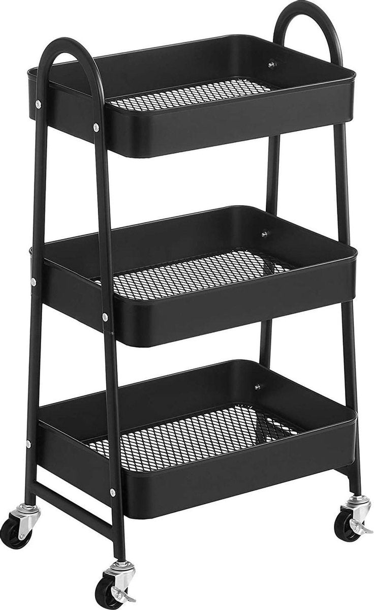 Nancy's Belvidere Keukentrolley - Keukenwagen - Serveerwagen - 3 Niveaus - 2 Remmen - Handgrepen - Metaal - Zwart