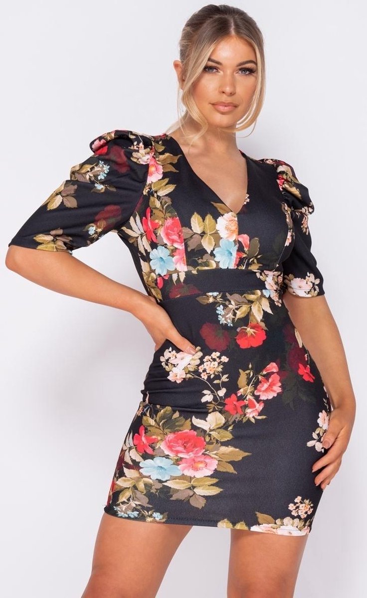 PARISIAN Floral Print Puffed - Bodycon Mini Dress - Dames - Zwart
