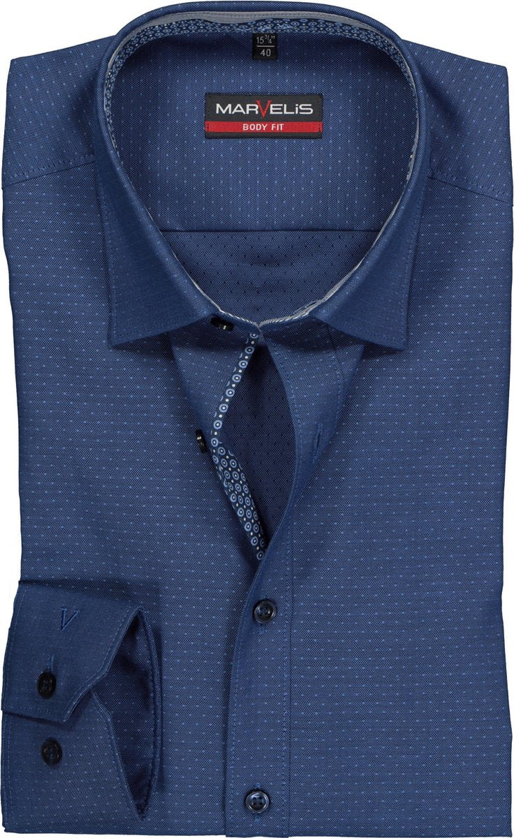 MARVELIS Body Fit overhemd - blauw gestipt structuur (contrast) - Strijkvriendelijk - Boordmaat: 41