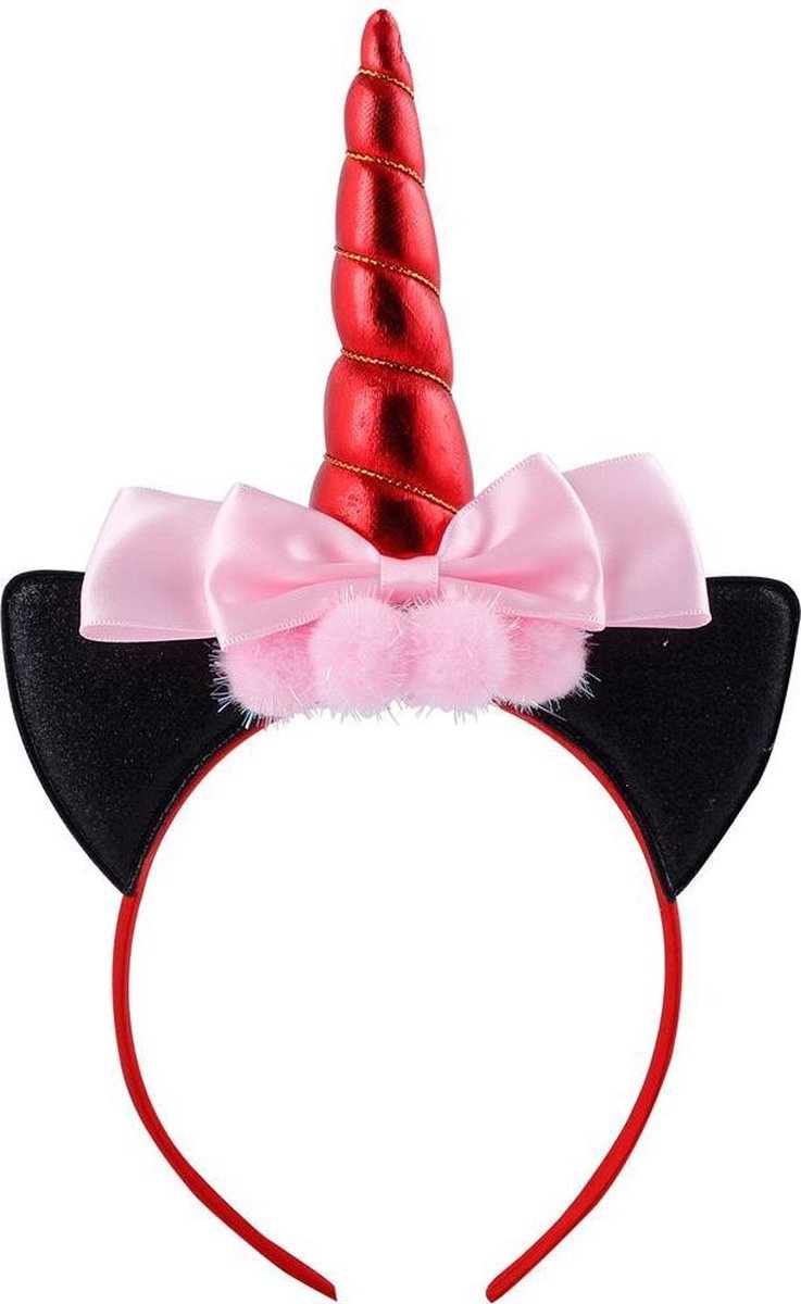Eenhoorn diadeem unicorn rood zwart haarband zilver met oortjes en strik - rode hoorn Minnie Mouse - lichtroze strikje festival