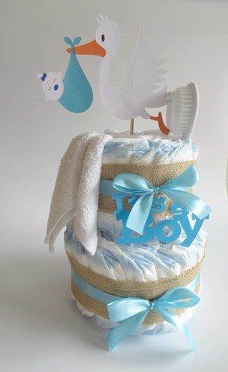 Luiertaart Met Ooievaar En Baby Blauw | Kraamcadeau | Kraampakket | Baby Cadeau