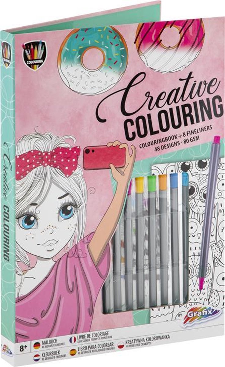 Creatief kleurboek inclusief 8 fineliners | 48 designs | All-in map | kleuren voor meisjes | Grafix