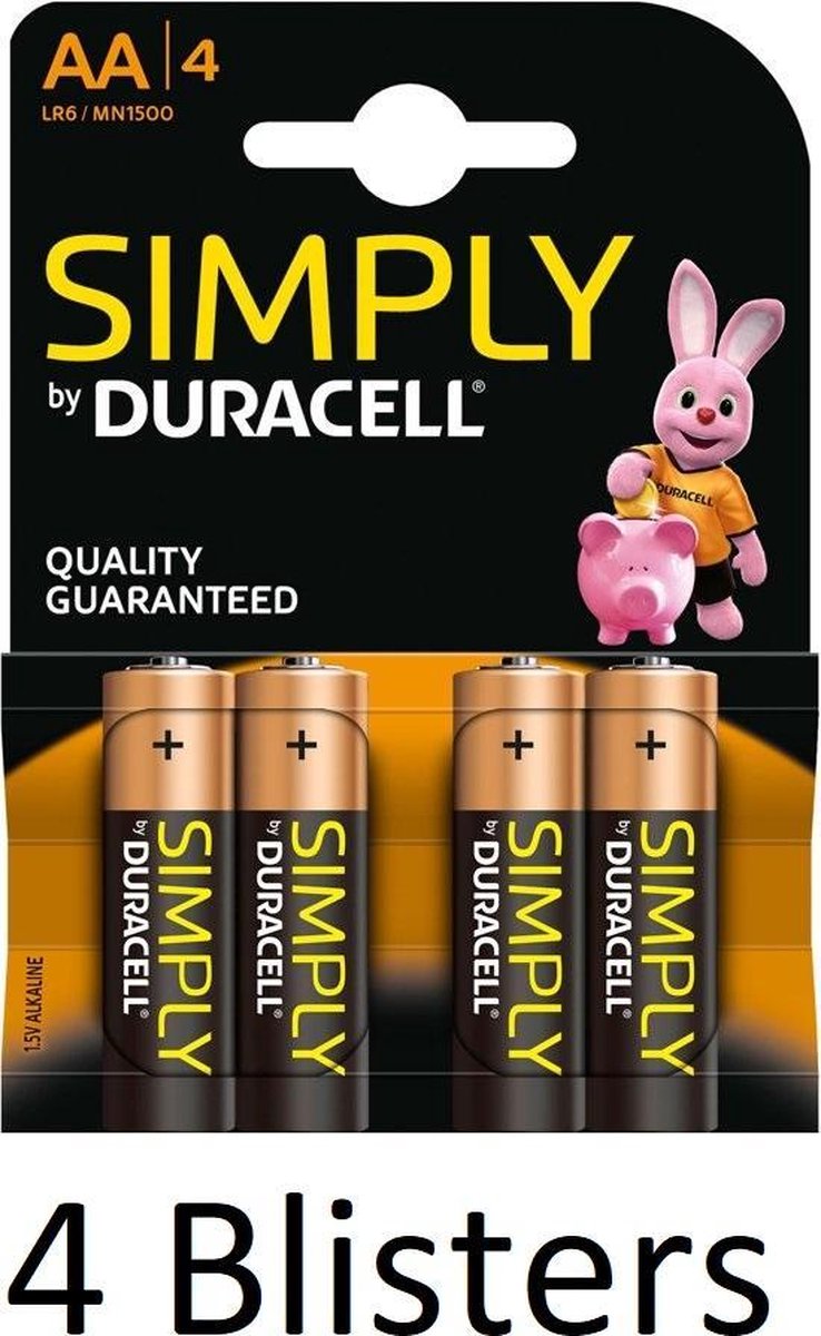 16 Stuks (4 Blisters a 4 st) Duracell AA SIMPLY Batterijen