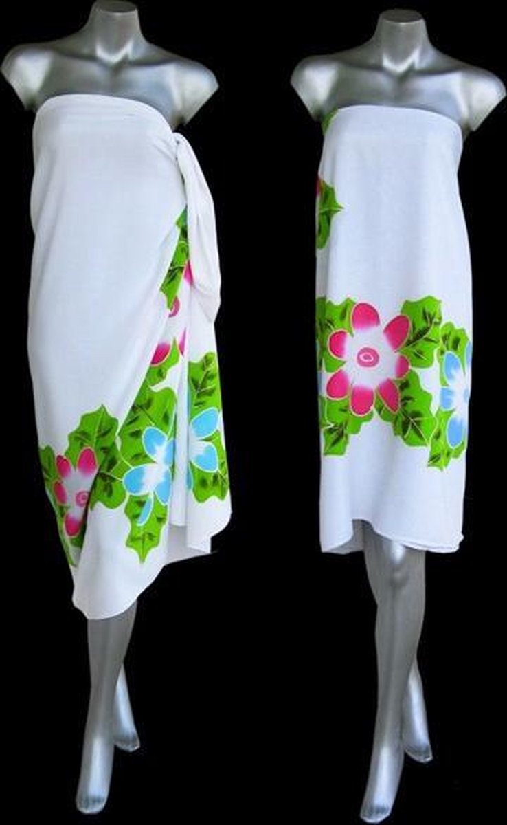 Witte Sarong Bloemen Roze Blauw