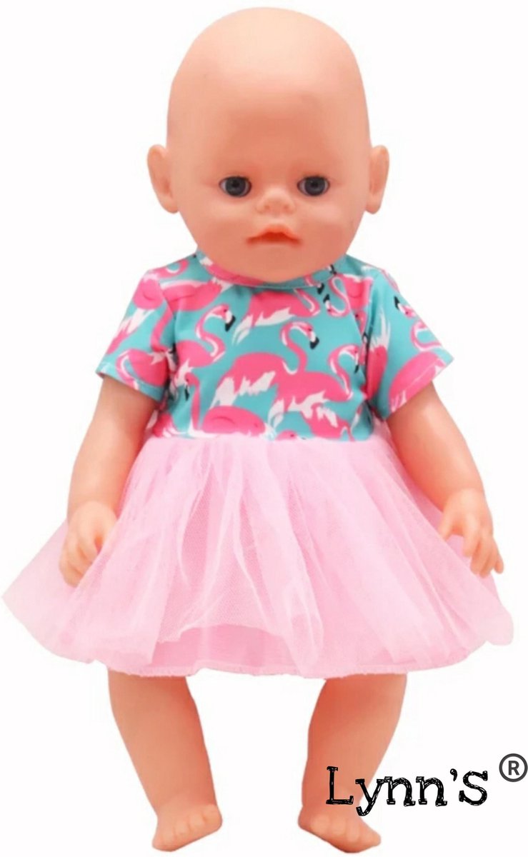 Poppenkleertjes - Geschikt voor Baby Born - Jurk met tutu - Flamingo - Roze & groen